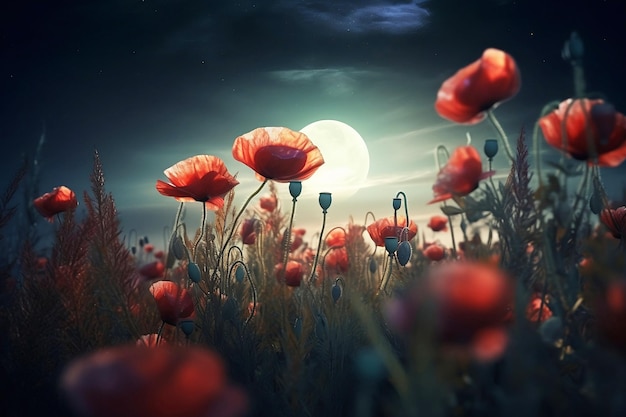 Photo une prairie de coquelicots rouges la nuit de pleine lune