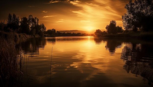 Photo une prairie dorée reflète un coucher de soleil tranquille sur l'eau générée par l'ia