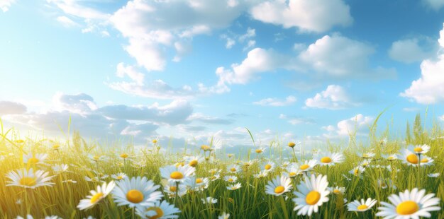 Une prairie ensoleillée de marguerites blanches sous un ciel majestueux rempli de nuages