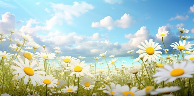 Une prairie ensoleillée de marguerites blanches sous un ciel majestueux rempli de nuages