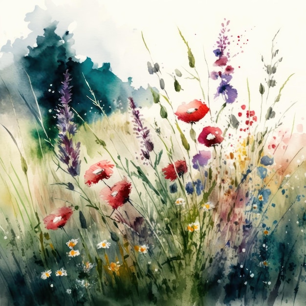 Prairie d'été aquarelle Illustration AI GenerativexA