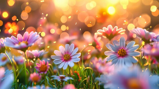 Photo prairie d'été avec des fleurs brillantes et de la lumière du soleil natures beauté au printemps champ floral et herbe verte douce paysage extérieur ensoleillé et coloré