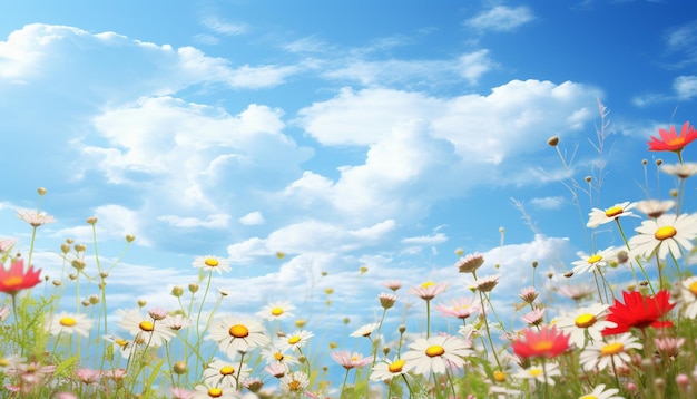 une prairie d'été avec des fleurs rouges et blanches sur un fond bleu