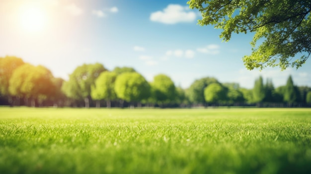 Une prairie d'été floue entourée d'arbres contre un ciel bleu avec des nuages par une belle journée ensoleillée.