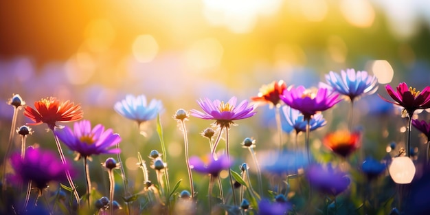 Une prairie fleurie vibrante avec des rayons de soleil, un ciel bleu et des lumières bokeh en été, cette image comme la