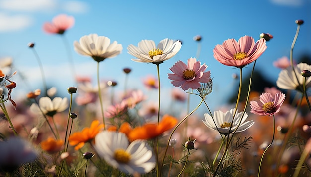 Prairie de fleurs colorées avec rayons de soleil, ciel bleu et lumières bokeh