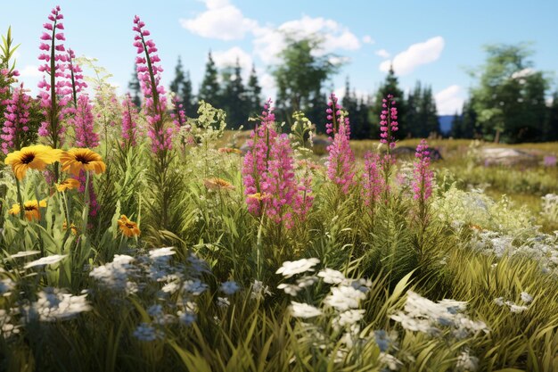 Photo prairie de fleurs avec lupins et marguerites a généré