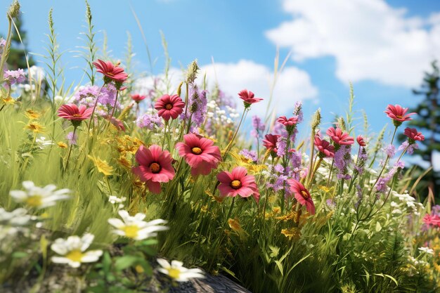 Photo prairie de fleurs avec lupins et marguerites a généré