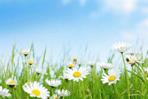 Prairie de fleurs avec marguerites au soleil en gros plan arrière-plan d'été généré par Ai