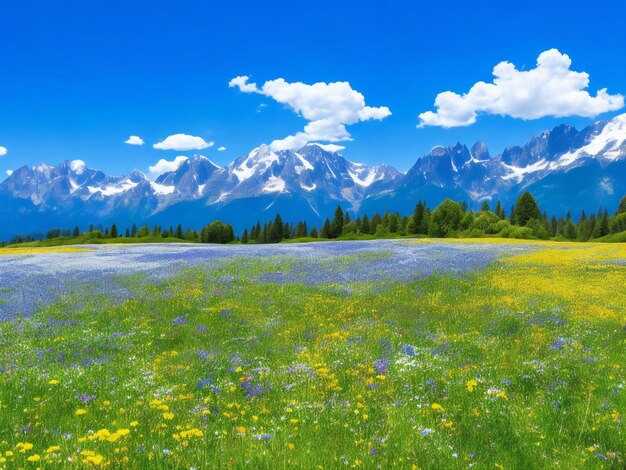 Photo la prairie de fleurs et de montagnes avec un ciel bleu