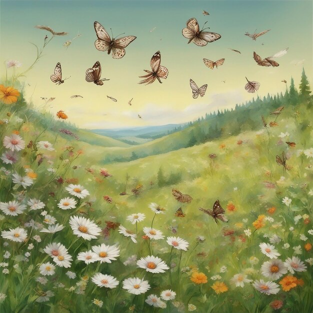 Une prairie en fleurs avec des papillons qui volent