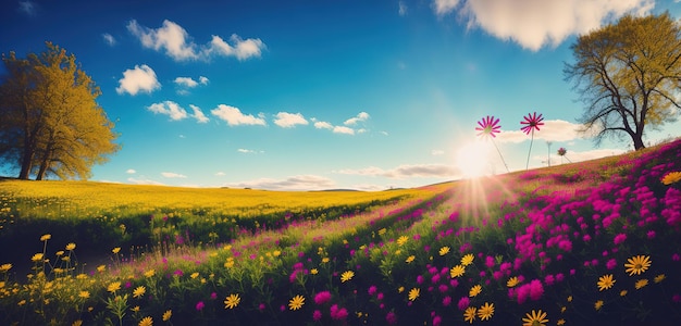 Prairie avec des fleurs de printemps paysage de ciel bleu IA générative