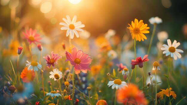 La prairie de fleurs sauvages au coucher du soleil