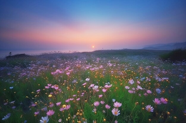 Photo une prairie de fleurs sauvages roses dans les montagnes au coucher du soleil