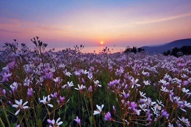 Une prairie de fleurs sauvages roses dans les montagnes au coucher du soleil