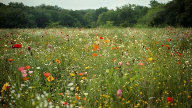 Une prairie de fleurs sauvages vibrante au coucher du soleil