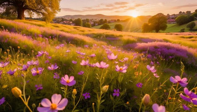 une prairie de fleurs sauvages vibrantes dans un champ brumeux au coucher du soleil