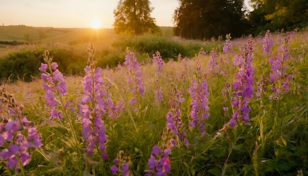 une prairie de fleurs sauvages vibrantes dans un champ brumeux au coucher du soleil