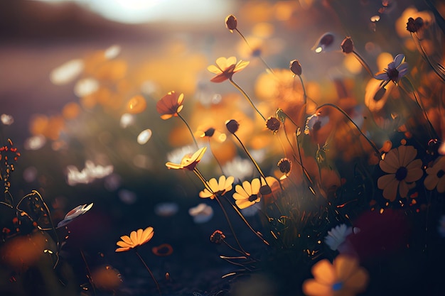 Prairie de fleurs sous un ciel d'été dans le champ de couleur Illustration de l'IA générative