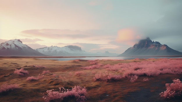 Une prairie florale rose avec des montagnes majestueuses et une douce lueur du coucher de soleil