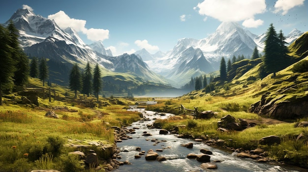 Une prairie forestière verte et un paysage de montagne