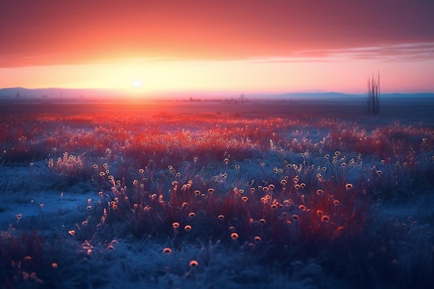 Prairie givrée au lever du soleil Beau fond naturel Composition de la nature