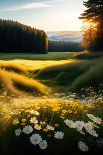 Prairie avec un grand nombre de marguerites printanières