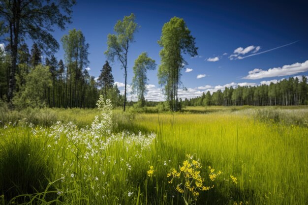 Une prairie avec de hautes herbes et des fleurs sauvages AI générative