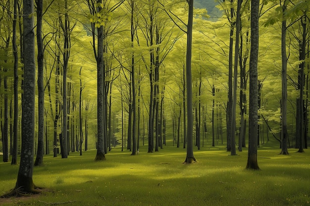 Prairie avec de l'herbe entre les arbres dans la forêt au printemps