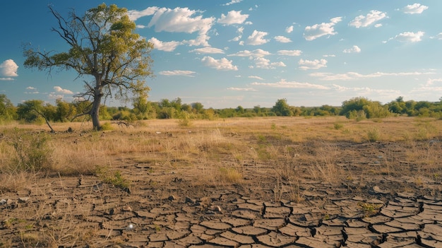 Une prairie herbeuse sèche pittoresque avec des arbres luxuriants et des fissures sur le sol représentant le concept de sécheresse dans le désert