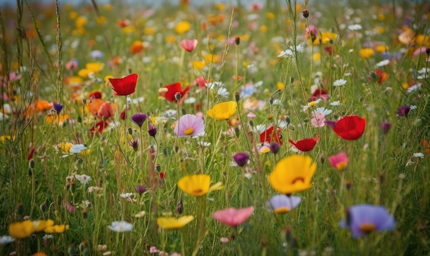 La prairie printanière fleurit avec une émeute de fleurs colorées Création à l'aide d'outils d'IA génératifs