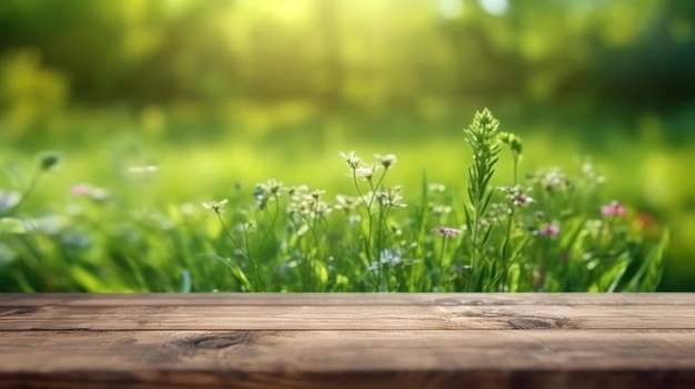 Photo prairie de printemps luxuriante, un paysage vert vif, table en bois, maquette, beauté naturelle tranquille dans la campagne