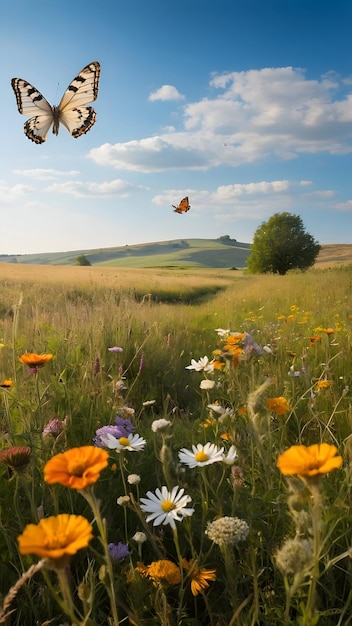 Une prairie tranquille avec des fleurs sauvages et des papillons