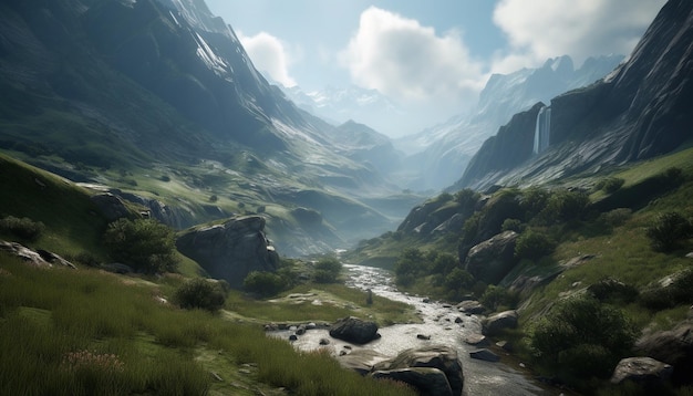 Une prairie tranquille reflète la beauté majestueuse de la chaîne de montagnes générée par l'IA