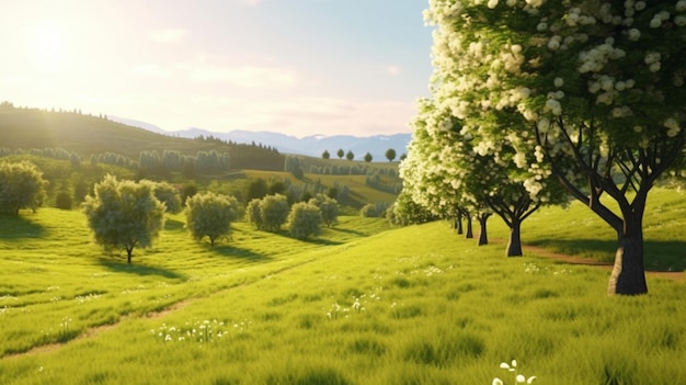 Prairie verte ensoleillée avec des arbres fruitiers