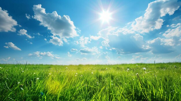 Une prairie verte sous un ciel bleu avec des nuages blancs.