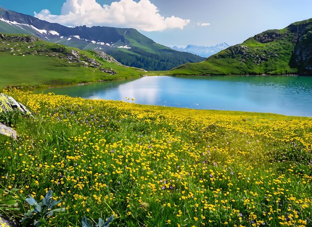 Prairies alpines en fleurs Prairies albines vertes d'été avec des fleurs jaunes en fleurs sur un lac bleu