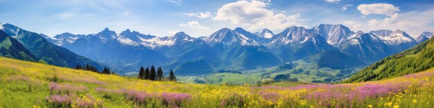 Prairies alpines majestueuses avec des fleurs sauvages vibrantes sous d'imposants sommets de montagne panorama paysager