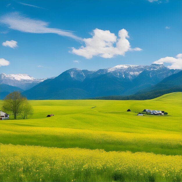 Prairies et fermes avec montagnes et ciel