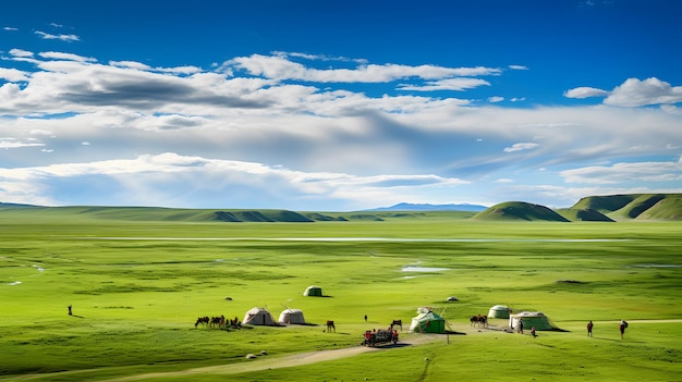 Des prairies et des rivières mongoles sous un ciel bleu avec des nuages