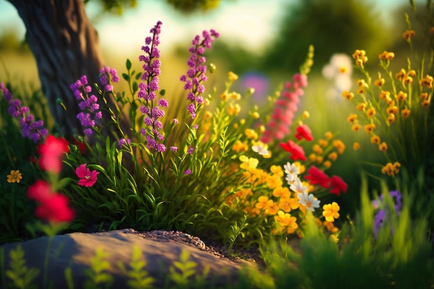 Prairies vallonnées parsemées de fleurs sauvages vibrantes se balançant doucement dans la brise