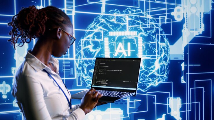 Photo le praticien de l'ia exécute le code dans le centre de données