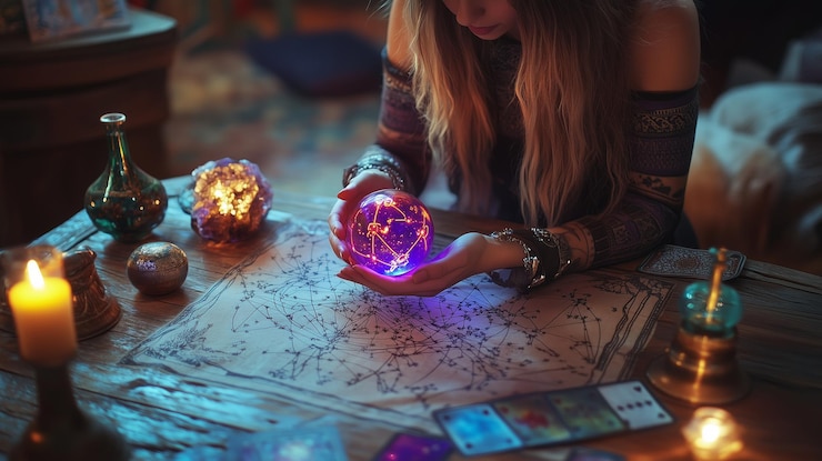 Photo un praticien lisant des cartes de tarot tout en tenant une boule de cristal brillante dans un cadre mystique