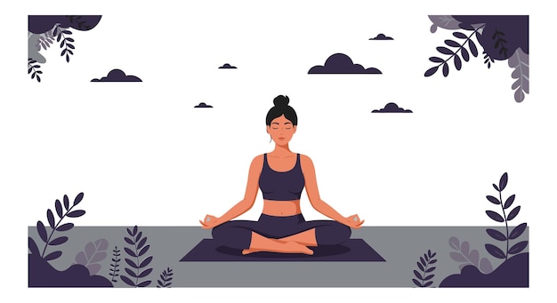 Praticien de yoga en pose de méditation avec des éléments de conception plates dans l'art vectoriel