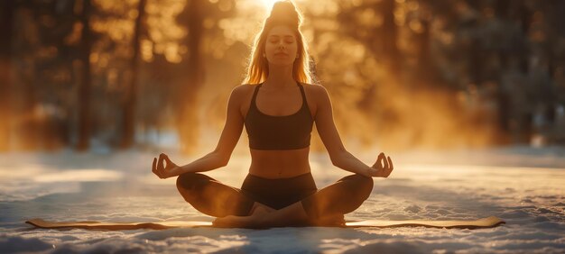 Pratique du yoga serein au lever du soleil dans la forêt brumeuse