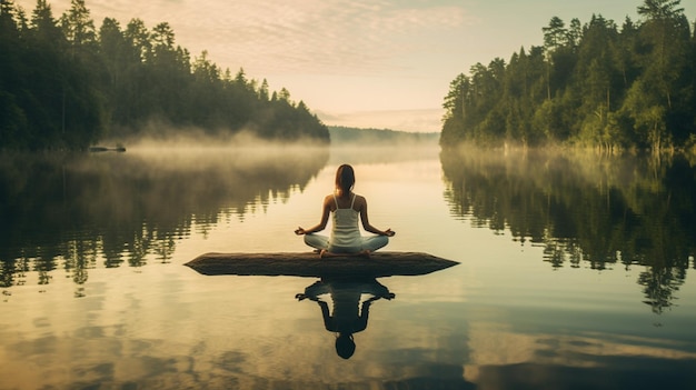 Pratique de yoga de la sérénité tranquille au bord du lac tranquille