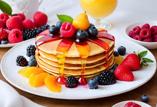 Prato délicieux de panquecas avec des fruits et de la calde