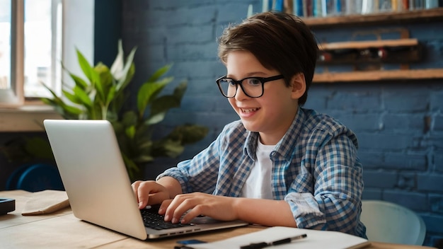 Un pré-adolescent utilise un ordinateur portable pour faire des cours en ligne