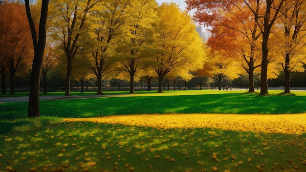 Le pré d'automne dans le parc de la ville L'ombre chaude de l'automne Les feuilles vertes jaunes rouges