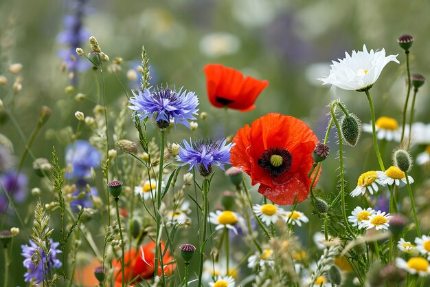 Pré de fleurs sauvages avec des coquelicots, des fleurs de maïs et des marguerites